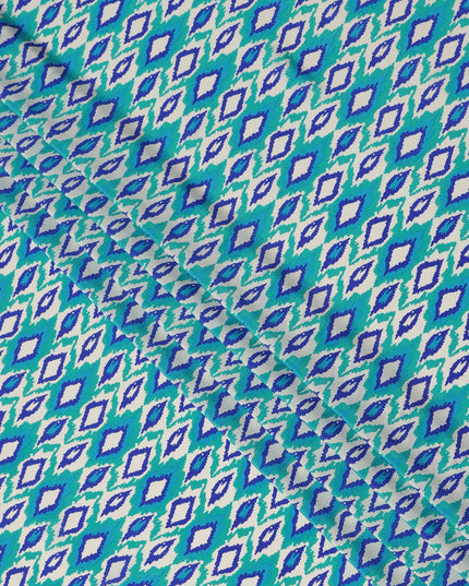 Mint Green Blue Ikat Diamond Printed Pure Silk Crepe Fabric Lightweight Soft Draping Dress Material 110 Cms Width India Origin-D28791 Regal Fabrics