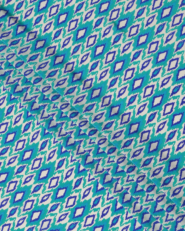 Mint Green Blue Ikat Diamond Printed Pure Silk Crepe Fabric Lightweight Soft Draping Dress Material 110 Cms Width India Origin-D28791 Regal Fabrics