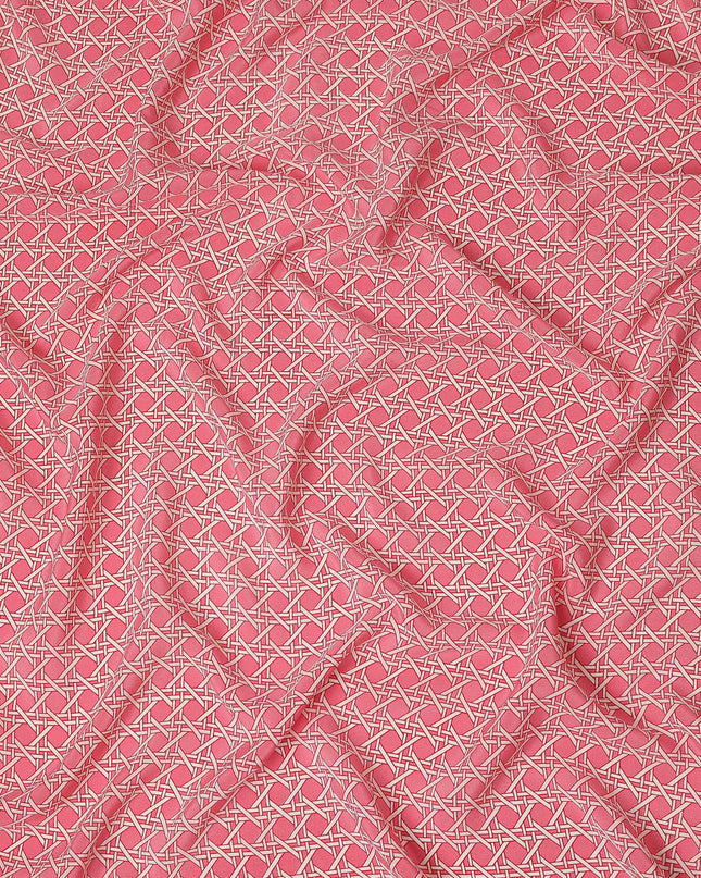 Coral Pink Abstract Geometric Line Printed Pure Silk Crepe Fabric Lightweight Soft Draping Dress Material 110 Cms Width India Origin-D28773 Regal Fabrics