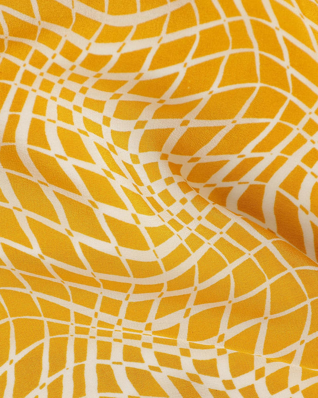 Mustard Yellow Geometric Wave Printed Pure Silk Crepe Fabric Lightweight Soft Draping Dress Material 110 Cms Width India Origin-D28771 Regal Fabrics