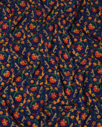 Navy Blue Multicolor Floral Vine Printed Pure Silk Crepe Fabric Lightweight Soft Draping Dress Material 110 Cms Width India Origin-D28779 Regal Fabrics