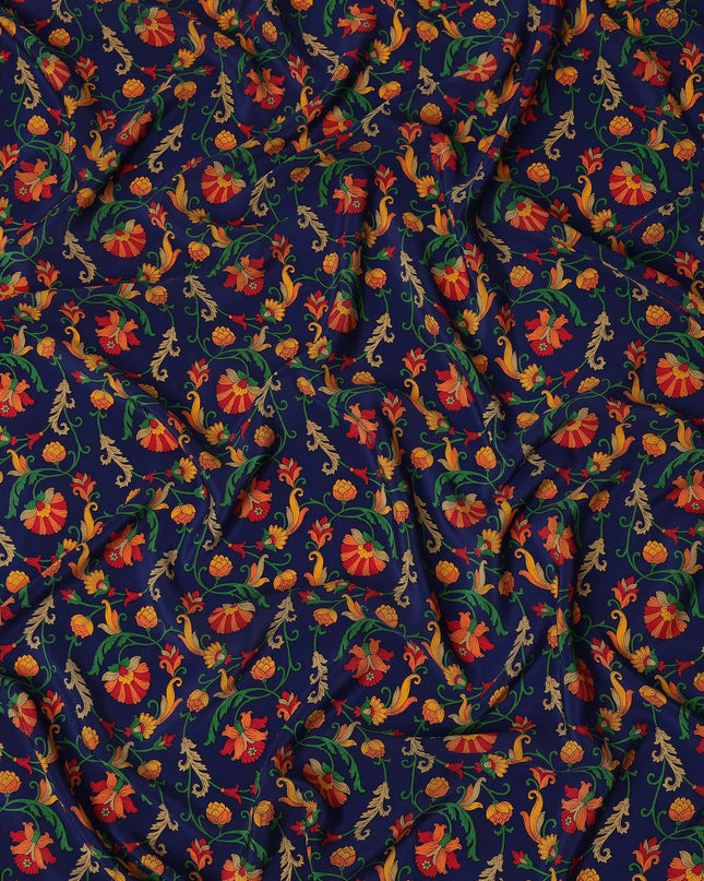 Navy Blue Multicolor Floral Vine Printed Pure Silk Crepe Fabric Lightweight Soft Draping Dress Material 110 Cms Width India Origin-D28779 Regal Fabrics