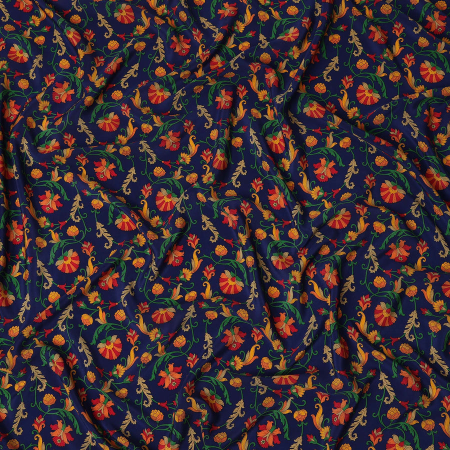 Navy Blue Multicolor Floral Vine Printed Pure Silk Crepe Fabric Lightweight Soft Draping Dress Material 110 Cms Width India Origin-D28779 Regal Fabrics