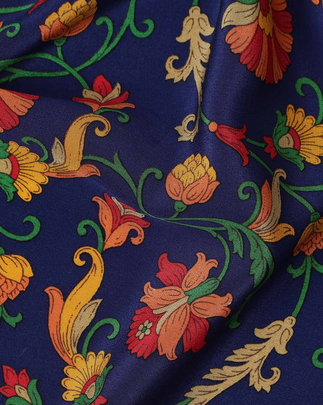 Navy Blue Multicolor Floral Vine Printed Pure Silk Crepe Fabric Lightweight Soft Draping Dress Material 110 Cms Width India Origin-D28779 Regal Fabrics