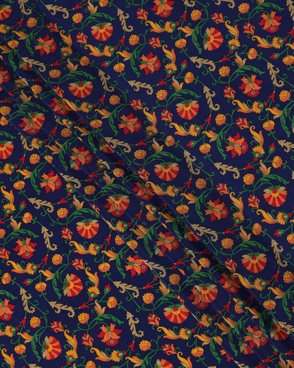 Navy Blue Multicolor Floral Vine Printed Pure Silk Crepe Fabric Lightweight Soft Draping Dress Material 110 Cms Width India Origin-D28779 Regal Fabrics