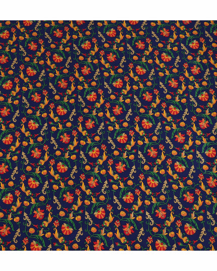 Navy Blue Multicolor Floral Vine Printed Pure Silk Crepe Fabric Lightweight Soft Draping Dress Material 110 Cms Width India Origin-D28779 Regal Fabrics