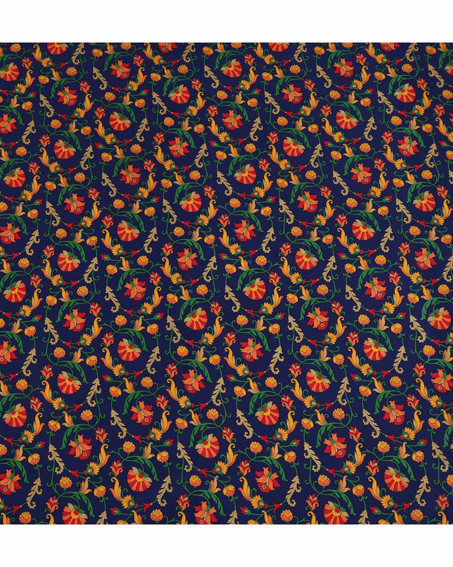 Navy Blue Multicolor Floral Vine Printed Pure Silk Crepe Fabric Lightweight Soft Draping Dress Material 110 Cms Width India Origin-D28779 Regal Fabrics