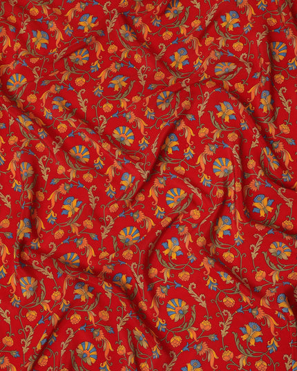 Red Multicolor Floral Vine Printed Pure Silk Crepe Fabric Lightweight Soft Draping Dress Material 110 Cms Width India Origin-D28778 Regal Fabrics