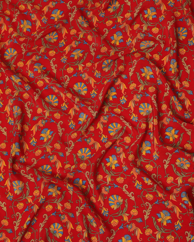Red Multicolor Floral Vine Printed Pure Silk Crepe Fabric Lightweight Soft Draping Dress Material 110 Cms Width India Origin-D28778 Regal Fabrics