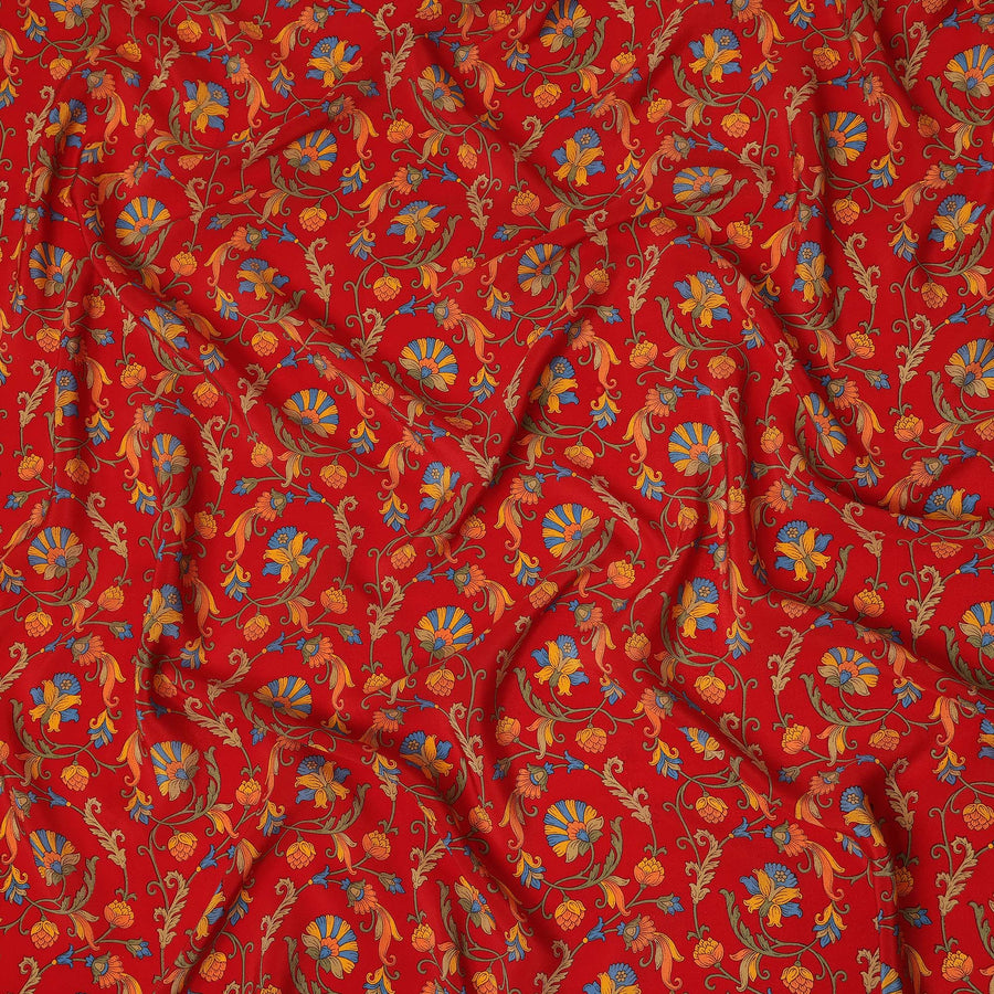 Red Multicolor Floral Vine Printed Pure Silk Crepe Fabric Lightweight Soft Draping Dress Material 110 Cms Width India Origin-D28778 Regal Fabrics