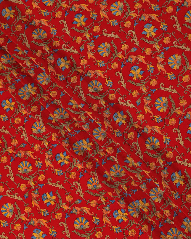 Red Multicolor Floral Vine Printed Pure Silk Crepe Fabric Lightweight Soft Draping Dress Material 110 Cms Width India Origin-D28778 Regal Fabrics
