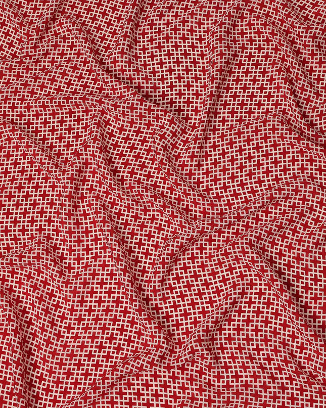 Red Beige Small Geometric Grid Printed Pure Silk Crepe Fabric Lightweight Soft Draping Dress Material 110 Cms Width India Origin-D28776 Regal Fabrics