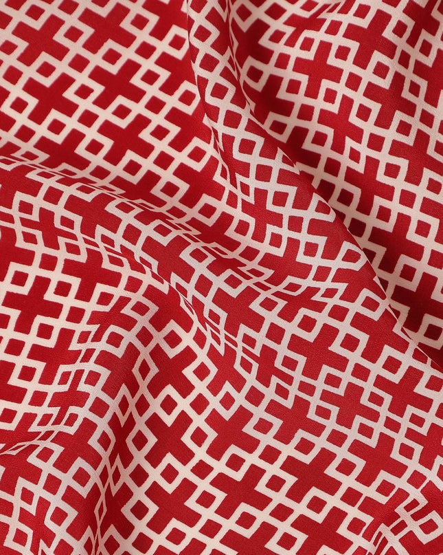 Red Beige Small Geometric Grid Printed Pure Silk Crepe Fabric Lightweight Soft Draping Dress Material 110 Cms Width India Origin-D28776 Regal Fabrics