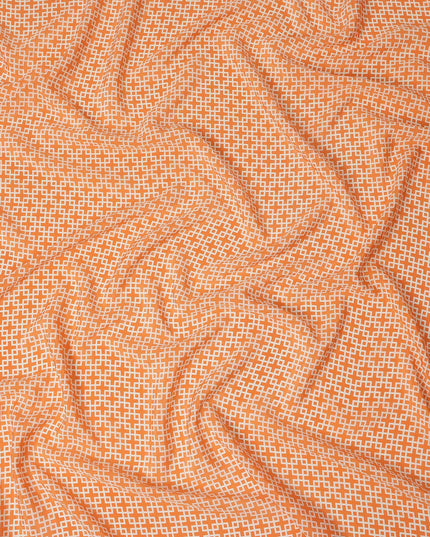 Peach Orange Small Geometric Grid Printed Pure Silk Crepe Fabric Lightweight Soft Draping Dress Material 110 Cms Width India Origin-D28777 Regal Fabrics