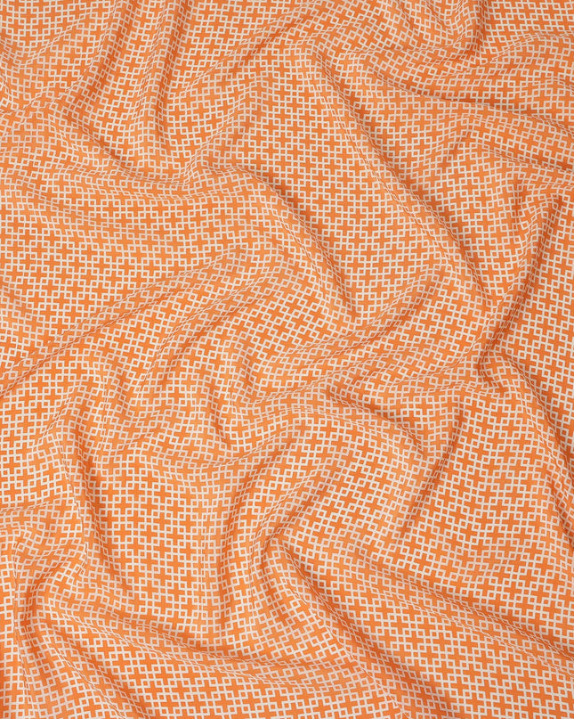 Peach Orange Small Geometric Grid Printed Pure Silk Crepe Fabric Lightweight Soft Draping Dress Material 110 Cms Width India Origin-D28777 Regal Fabrics