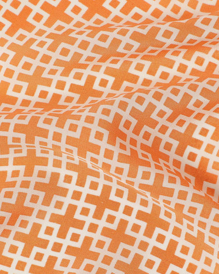 Peach Orange Small Geometric Grid Printed Pure Silk Crepe Fabric Lightweight Soft Draping Dress Material 110 Cms Width India Origin-D28777 Regal Fabrics