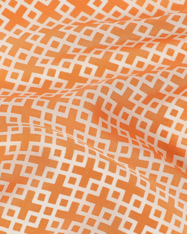 Peach Orange Small Geometric Grid Printed Pure Silk Crepe Fabric Lightweight Soft Draping Dress Material 110 Cms Width India Origin-D28777 Regal Fabrics