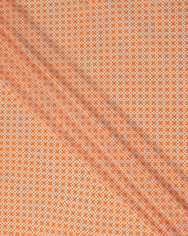 Peach Orange Small Geometric Grid Printed Pure Silk Crepe Fabric Lightweight Soft Draping Dress Material 110 Cms Width India Origin-D28777 Regal Fabrics