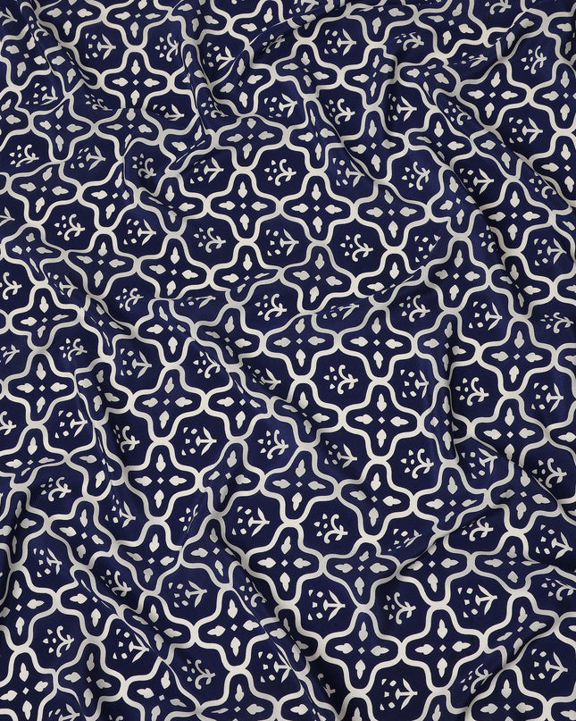 Navy Blue White Abstract Geometric Tile Printed Pure Silk Crepe Fabric Lightweight Soft Draping Dress Material 110 Cms Width India Origin-D28784 Regal Fabrics