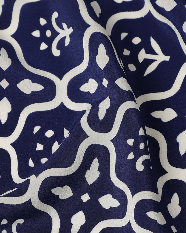 Navy Blue White Abstract Geometric Tile Printed Pure Silk Crepe Fabric Lightweight Soft Draping Dress Material 110 Cms Width India Origin-D28784 Regal Fabrics