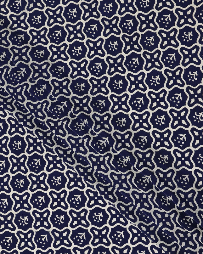 Navy Blue White Abstract Geometric Tile Printed Pure Silk Crepe Fabric Lightweight Soft Draping Dress Material 110 Cms Width India Origin-D28784 Regal Fabrics