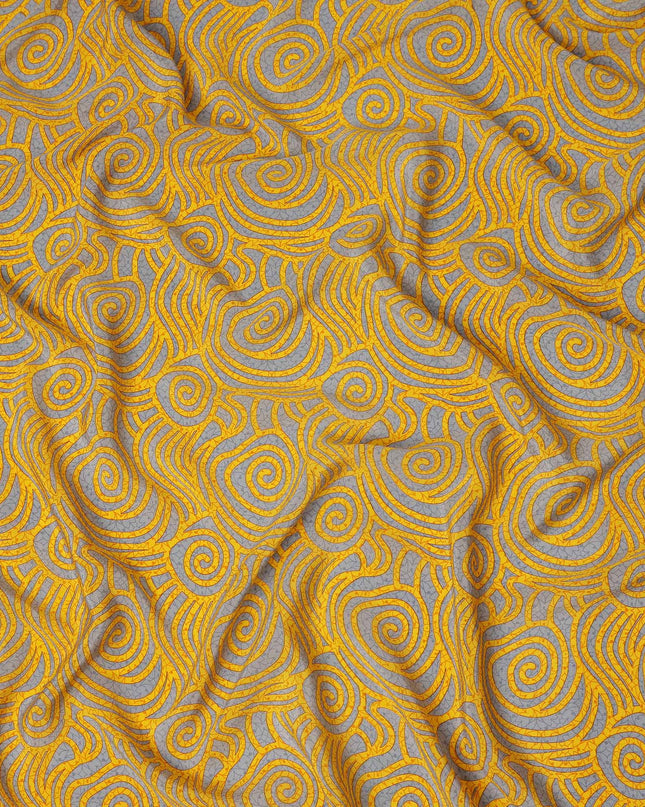 Grey Yellow Abstract Spiral Printed Pure Silk Crepe Fabric Lightweight Soft Draping Dress Material 110 Cms Width India Origin-D28769 Regal Fabrics