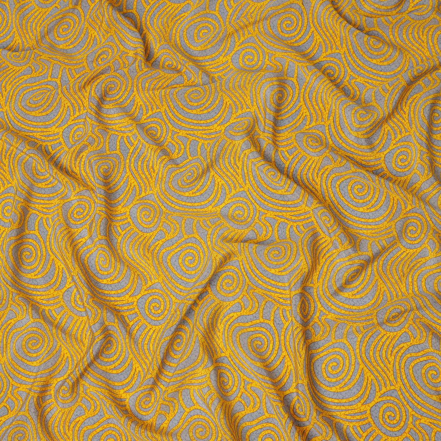 Grey Yellow Abstract Spiral Printed Pure Silk Crepe Fabric Lightweight Soft Draping Dress Material 110 Cms Width India Origin-D28769 Regal Fabrics