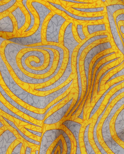 Grey Yellow Abstract Spiral Printed Pure Silk Crepe Fabric Lightweight Soft Draping Dress Material 110 Cms Width India Origin-D28769 Regal Fabrics