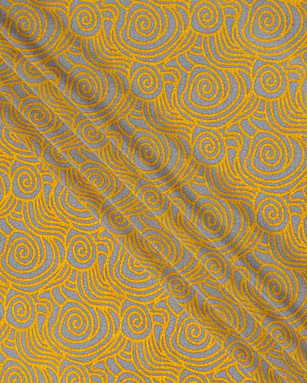 Grey Yellow Abstract Spiral Printed Pure Silk Crepe Fabric Lightweight Soft Draping Dress Material 110 Cms Width India Origin-D28769 Regal Fabrics