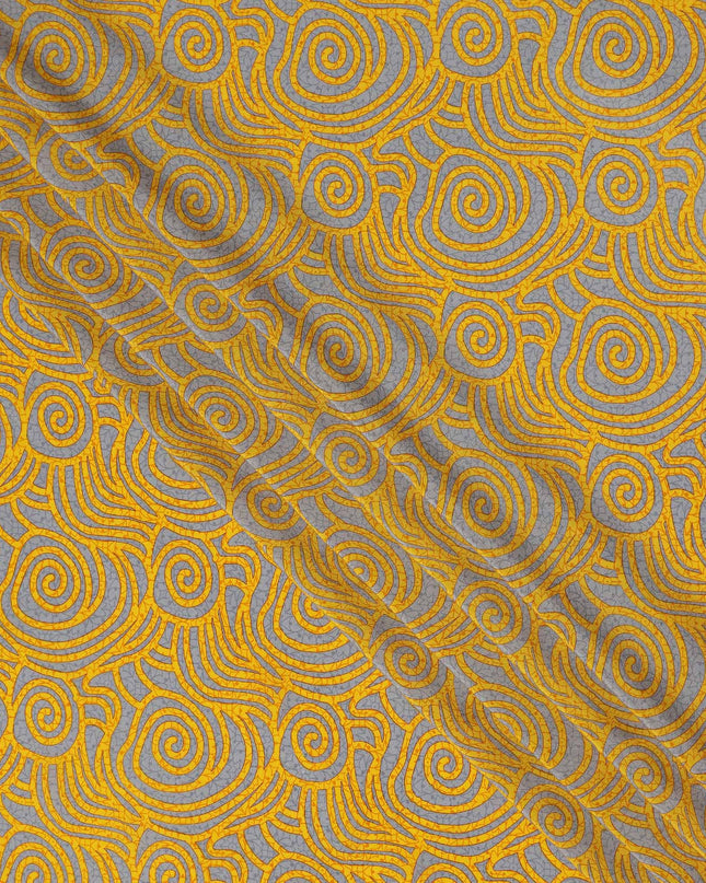 Grey Yellow Abstract Spiral Printed Pure Silk Crepe Fabric Lightweight Soft Draping Dress Material 110 Cms Width India Origin-D28769 Regal Fabrics