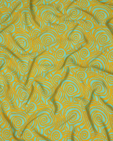Turquoise Yellow Abstract Spiral Printed Pure Silk Crepe Fabric Lightweight Soft Draping Dress Material 110 Cms Width India Origin-D28768 Regal Fabrics