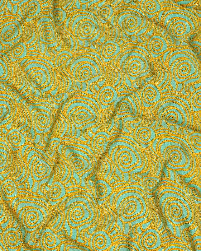 Turquoise Yellow Abstract Spiral Printed Pure Silk Crepe Fabric Lightweight Soft Draping Dress Material 110 Cms Width India Origin-D28768 Regal Fabrics