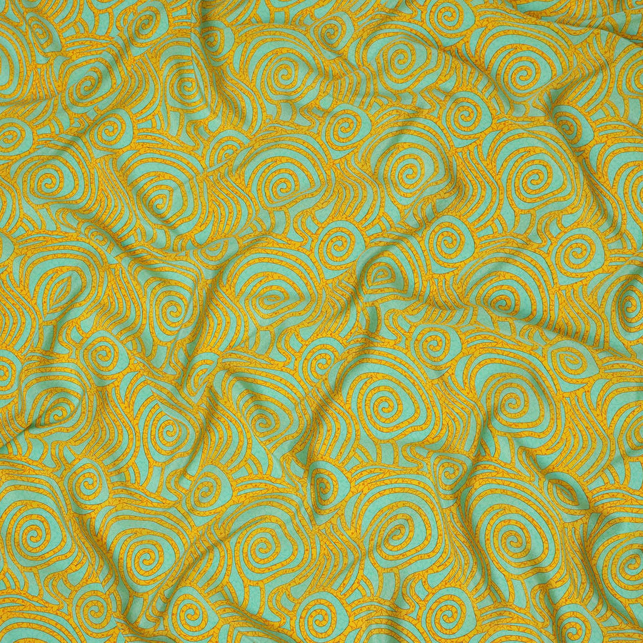 Turquoise Yellow Abstract Spiral Printed Pure Silk Crepe Fabric Lightweight Soft Draping Dress Material 110 Cms Width India Origin-D28768 Regal Fabrics