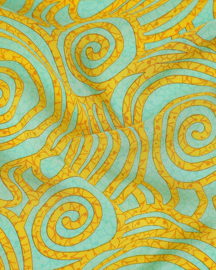 Turquoise Yellow Abstract Spiral Printed Pure Silk Crepe Fabric Lightweight Soft Draping Dress Material 110 Cms Width India Origin-D28768 Regal Fabrics