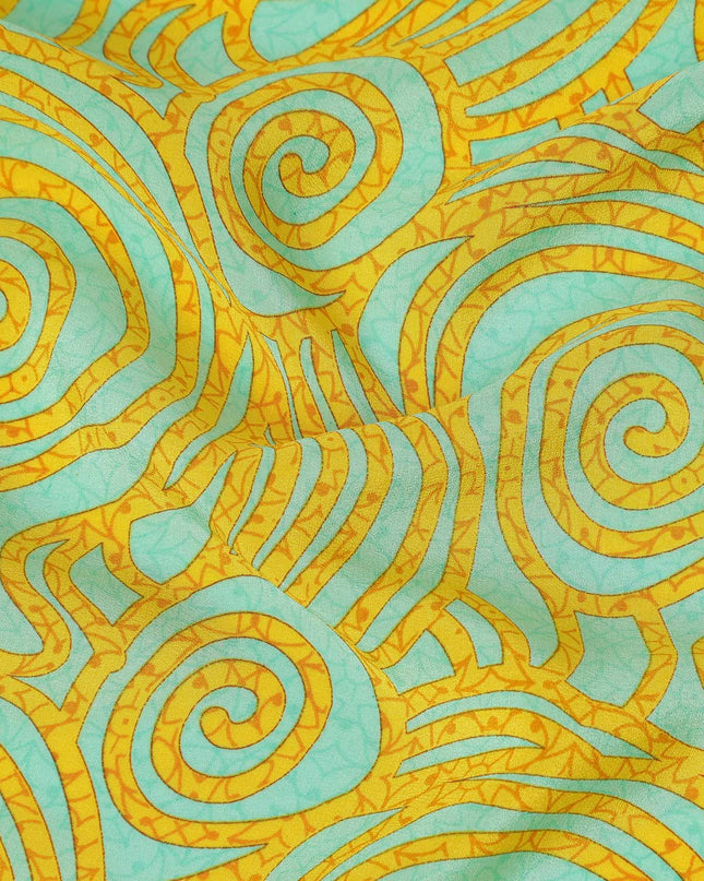Turquoise Yellow Abstract Spiral Printed Pure Silk Crepe Fabric Lightweight Soft Draping Dress Material 110 Cms Width India Origin-D28768 Regal Fabrics