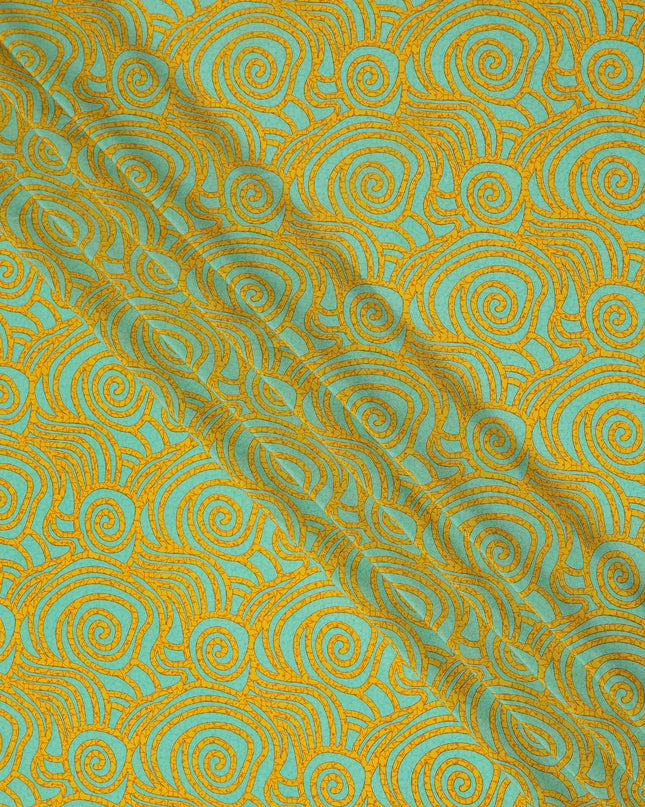 Turquoise Yellow Abstract Spiral Printed Pure Silk Crepe Fabric Lightweight Soft Draping Dress Material 110 Cms Width India Origin-D28768 Regal Fabrics