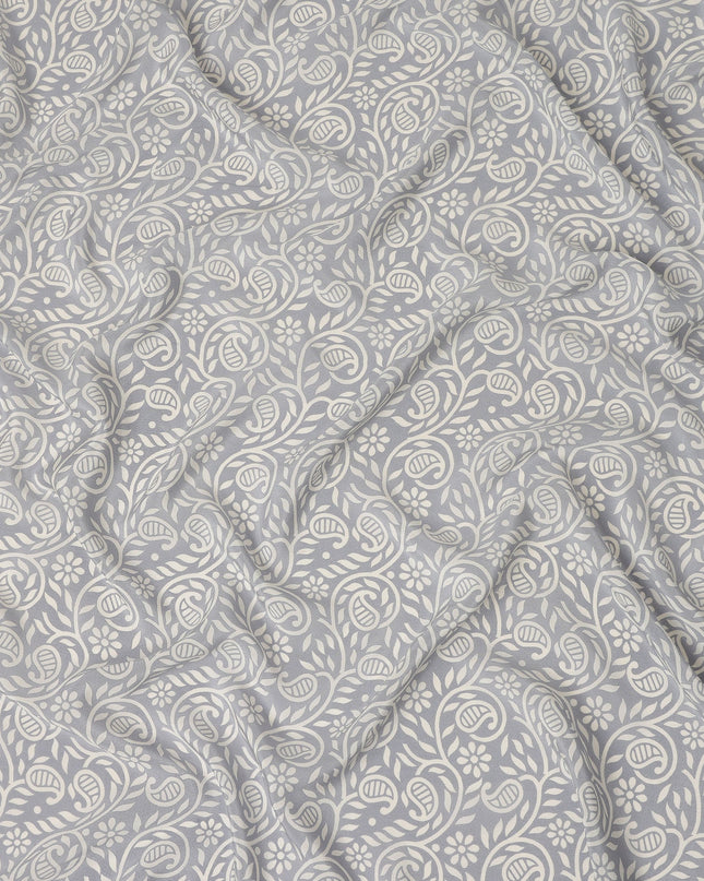 Grey White Paisley Floral Printed Pure Silk Crepe Fabric Lightweight Soft Draping Dress Material 110 Cms Width India Origin-D28786 Regal Fabrics