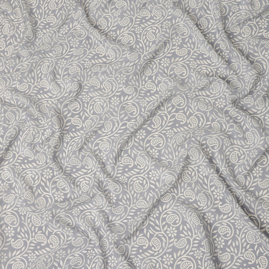 Grey White Paisley Floral Printed Pure Silk Crepe Fabric Lightweight Soft Draping Dress Material 110 Cms Width India Origin-D28786 Regal Fabrics