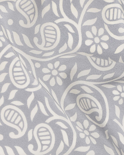 Grey White Paisley Floral Printed Pure Silk Crepe Fabric Lightweight Soft Draping Dress Material 110 Cms Width India Origin-D28786 Regal Fabrics