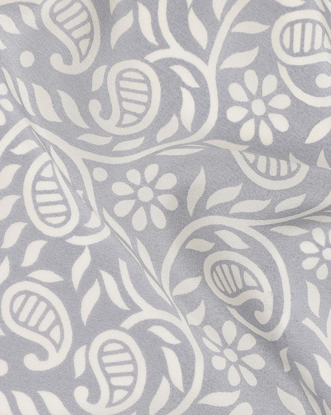 Grey White Paisley Floral Printed Pure Silk Crepe Fabric Lightweight Soft Draping Dress Material 110 Cms Width India Origin-D28786 Regal Fabrics