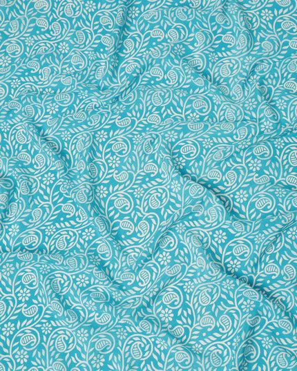 Turquoise Blue White Paisley Floral Printed Pure Silk Crepe Fabric Lightweight Soft Draping Dress Material 110 Cms Width India Origin-D28785 Regal Fabrics