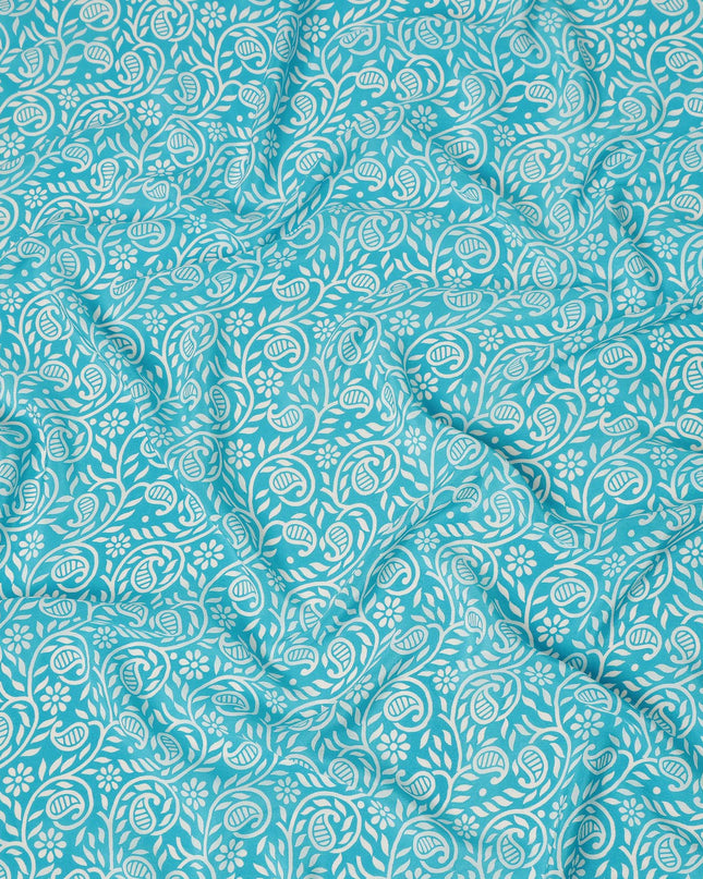 Turquoise Blue White Paisley Floral Printed Pure Silk Crepe Fabric Lightweight Soft Draping Dress Material 110 Cms Width India Origin-D28785 Regal Fabrics