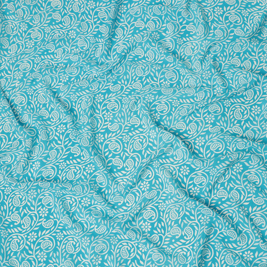 Turquoise Blue White Paisley Floral Printed Pure Silk Crepe Fabric Lightweight Soft Draping Dress Material 110 Cms Width India Origin-D28785 Regal Fabrics