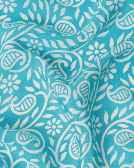 Turquoise Blue White Paisley Floral Printed Pure Silk Crepe Fabric Lightweight Soft Draping Dress Material 110 Cms Width India Origin-D28785 Regal Fabrics