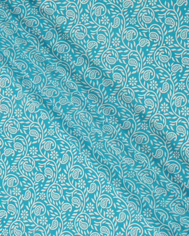 Turquoise Blue White Paisley Floral Printed Pure Silk Crepe Fabric Lightweight Soft Draping Dress Material 110 Cms Width India Origin-D28785 Regal Fabrics