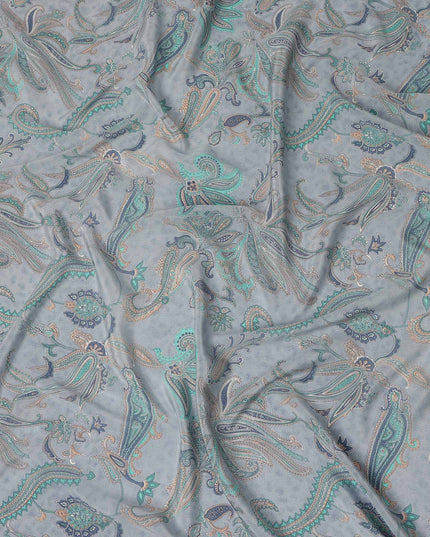 Grey Teal Paisley Floral Printed Pure Silk Crepe Fabric Lightweight Soft Draping Dress Material 110 Cms Width India Origin-D28793 Regal Fabrics