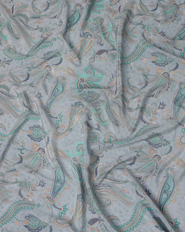 Grey Teal Paisley Floral Printed Pure Silk Crepe Fabric Lightweight Soft Draping Dress Material 110 Cms Width India Origin-D28793 Regal Fabrics
