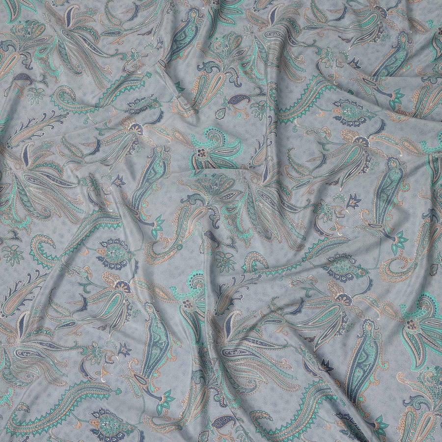 Grey Teal Paisley Floral Printed Pure Silk Crepe Fabric Lightweight Soft Draping Dress Material 110 Cms Width India Origin-D28793 Regal Fabrics