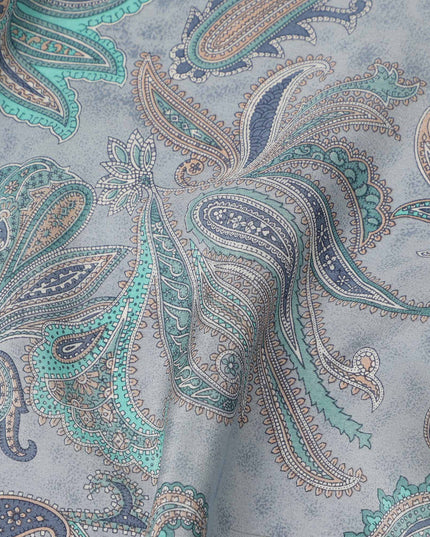 Grey Teal Paisley Floral Printed Pure Silk Crepe Fabric Lightweight Soft Draping Dress Material 110 Cms Width India Origin-D28793 Regal Fabrics