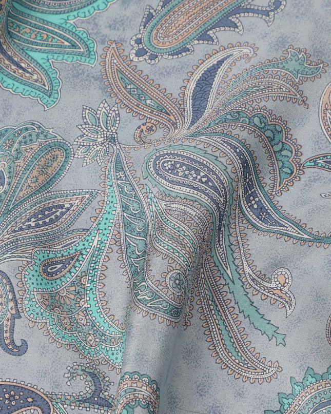 Grey Teal Paisley Floral Printed Pure Silk Crepe Fabric Lightweight Soft Draping Dress Material 110 Cms Width India Origin-D28793 Regal Fabrics